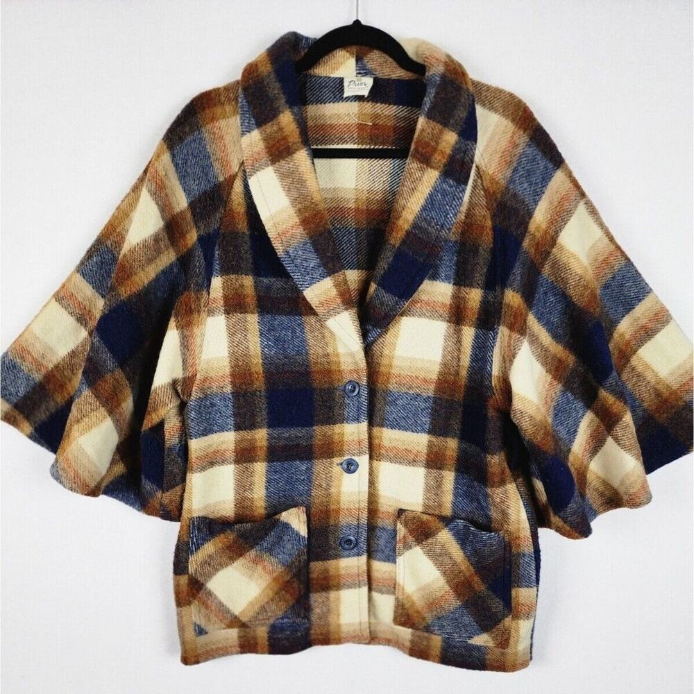 Vintage Wool Cape Sleeve Jacket Southwestern Prior Plaid Size 36 (Small/Med)